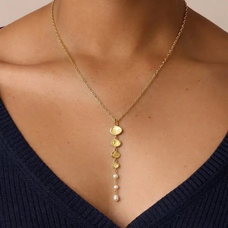 FLYING LIZARD DESIGN TIDAL DROP LARIAT NECKLACE OVAL DISCS GOLD