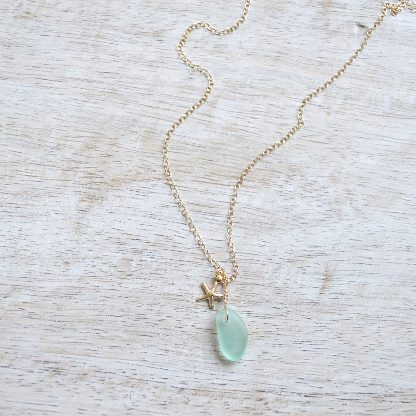 SALTY BUT SWEET Tiny Frosted Pink Sea Glass and Starfish Necklace in Gold 16" or '18 inch