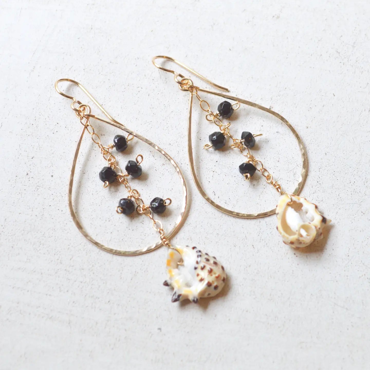 SALTY BUT SWEET Black Onyx ;Drupa Shell Teardrop Earrings in Gold
