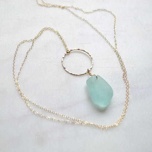 SALTY BUT SWEET Large Sea Glass Hoop Necklace in Gold