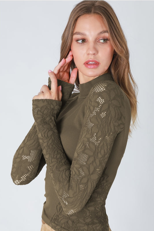 NIKIBIKI Mock Neck Pointelle Top Oak Moss