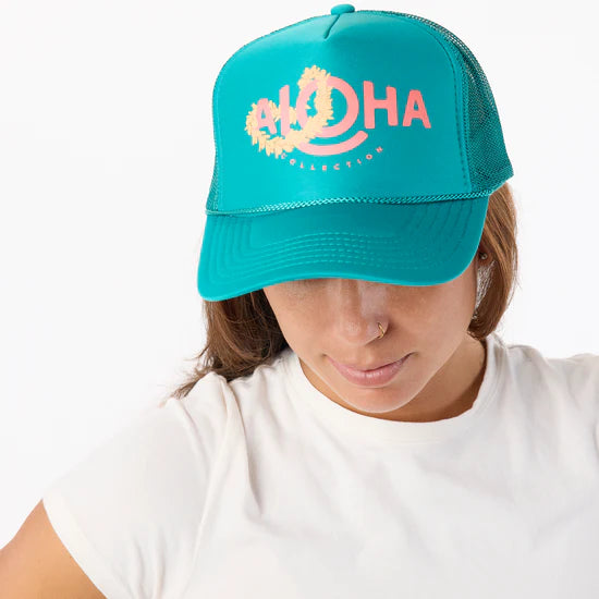 ALOHA COLLECTION ALOHA LEI ALOHA TRUCKER HAT JADE