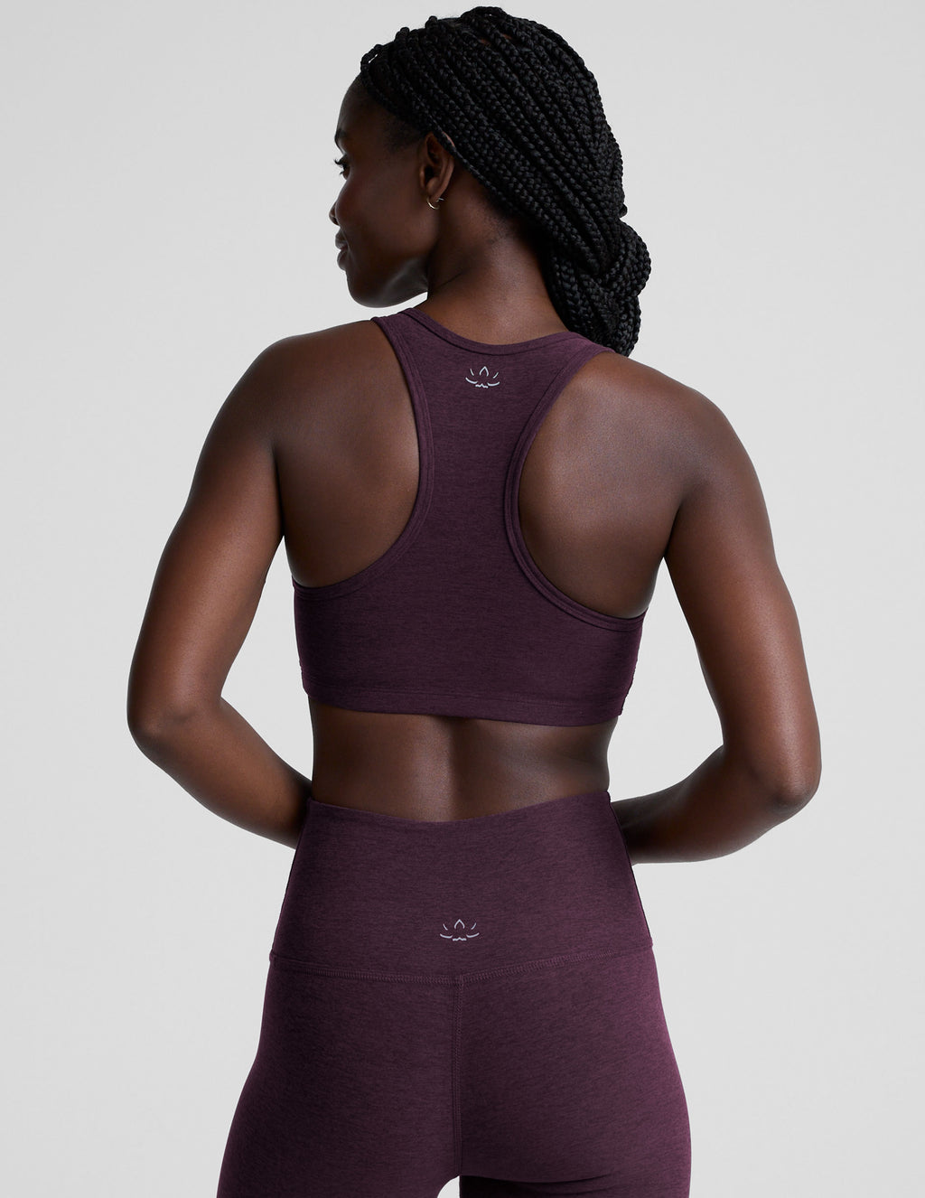 BEYOND YOGA SPACEDYE LIFT YOUR SPIRITS BRA EGGPLANT PURPLE HEATHER