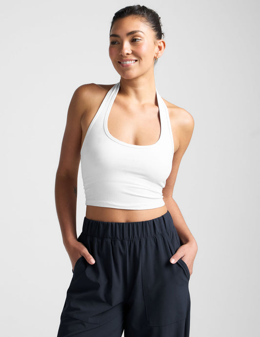 BEYOND YOGA SPACEDYE WELL ROUNDED CROPPED HALTER TOP CLOUD WHITE