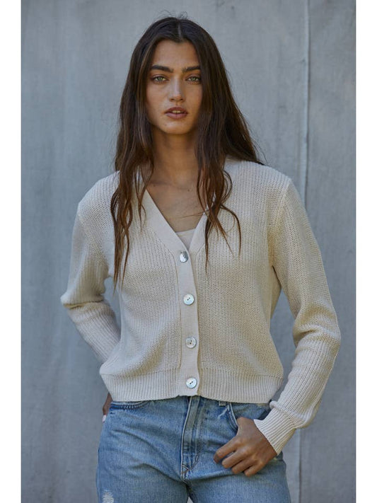 BY TOGETHER KNIT COTTON V-NECK LONG SLEEVE CARDIGAN CREAM