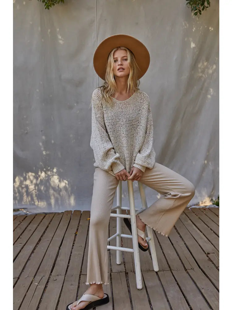 BY TOGETHER KNIT CROCHET ROUND NECK LONG SLEEVE TOP NATURAL