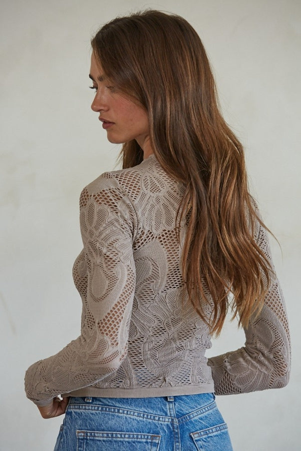 BY TOGETHER KNIT SEAMLESS JACQUARD MOCK NECK LONG SLEEVE TOP ASH MAUVE