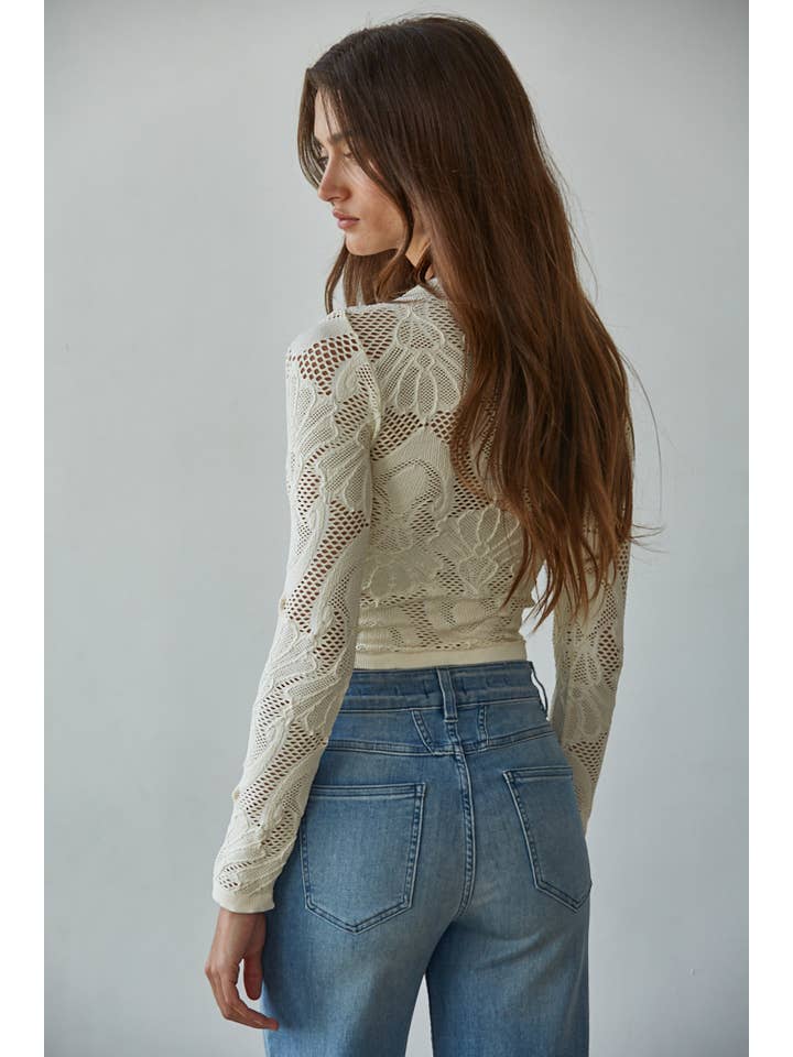 BY TOGETHER KNIT SEAMLESS JACQUARD MOCK NECK LONG SLEEVE TOP CREAM