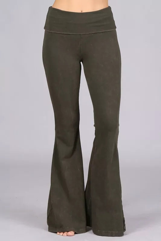 CHATOYANT MINERAL WASH BELL BOTTOM ROLL DOWN PANT DARK MOSS