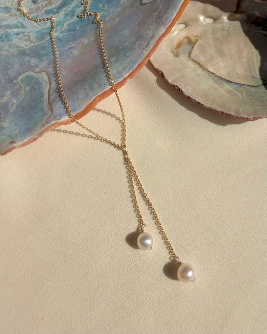 In Situ Cerise Pearl Lariat Necklace 14K gf