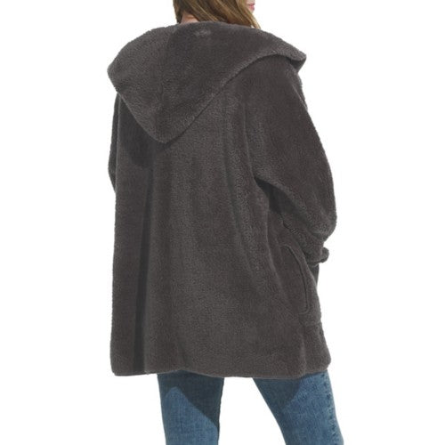 HEM & THREAD PLUSH FUZZY HOODED JACKET W/ POCKETS STEEL GREY