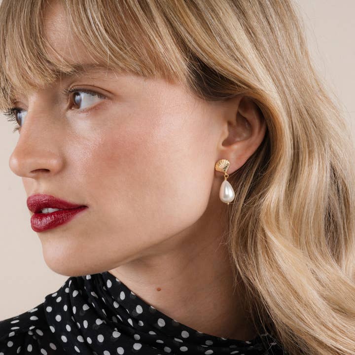 JAXKELLY Seashell Pearl Drop Gold Earrings