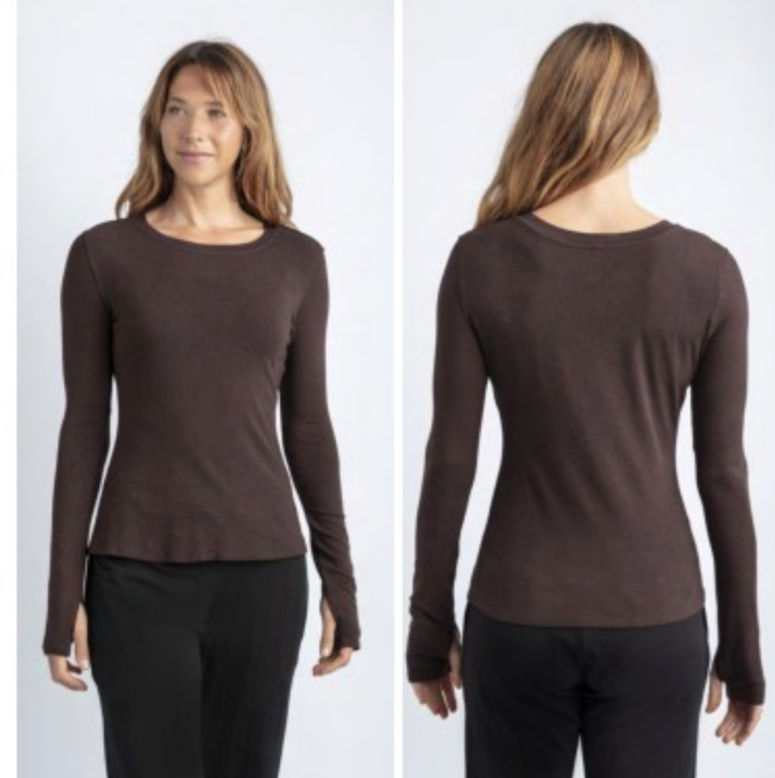 MILA LONG SLEEVE ORGANIC SOFT RIB BAMBOO CREW NECK TEE BARK