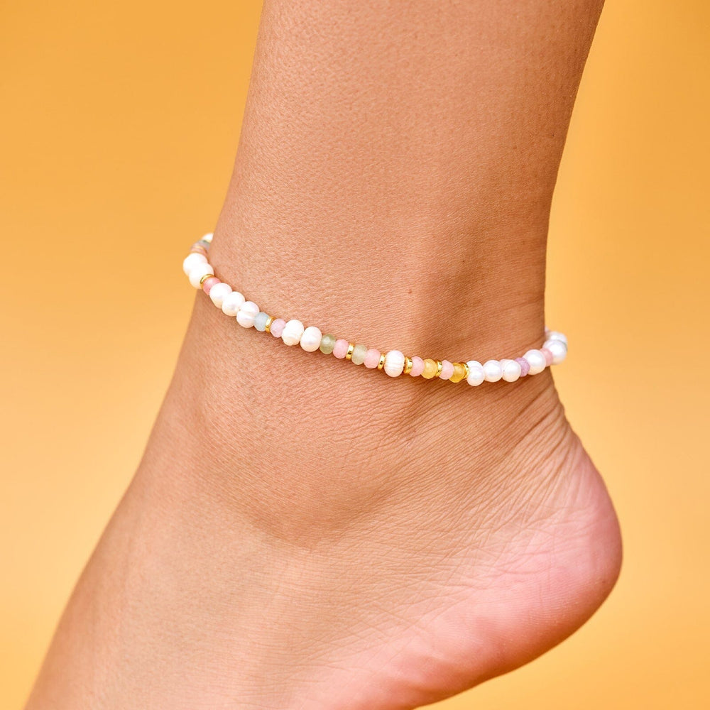 PURA VIDA MIXED BEAD STRETCH ANKLET VENICE GOLD