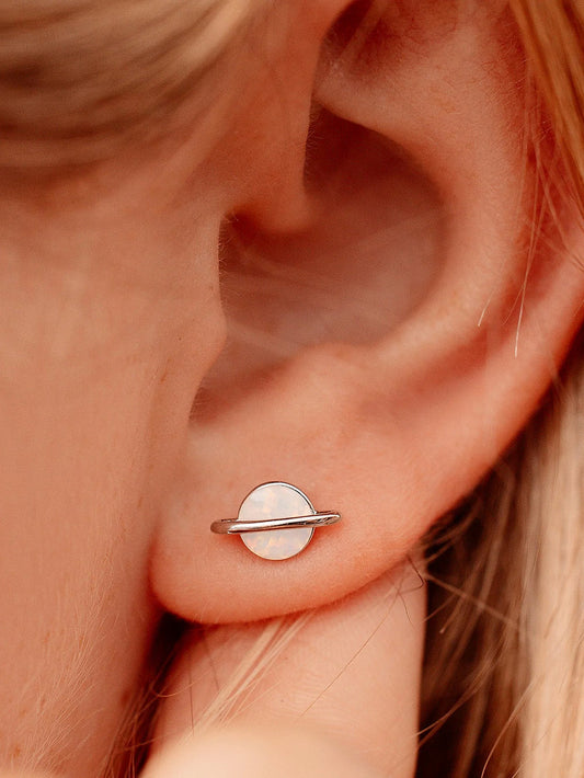 PURA VIDA WHITE OPAL SATURN STUD EARRINGS SILVER NEW!