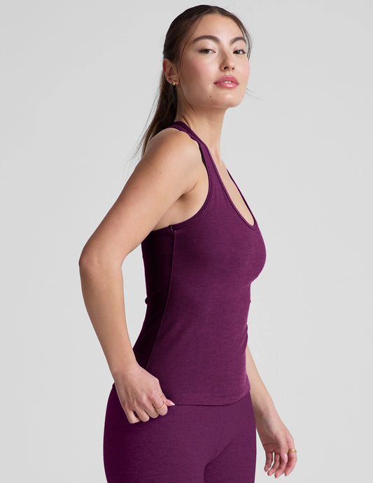 BEYOND YOGA SPACEDYE STEP UP RACERBACK TANK AUBERGINE BEET