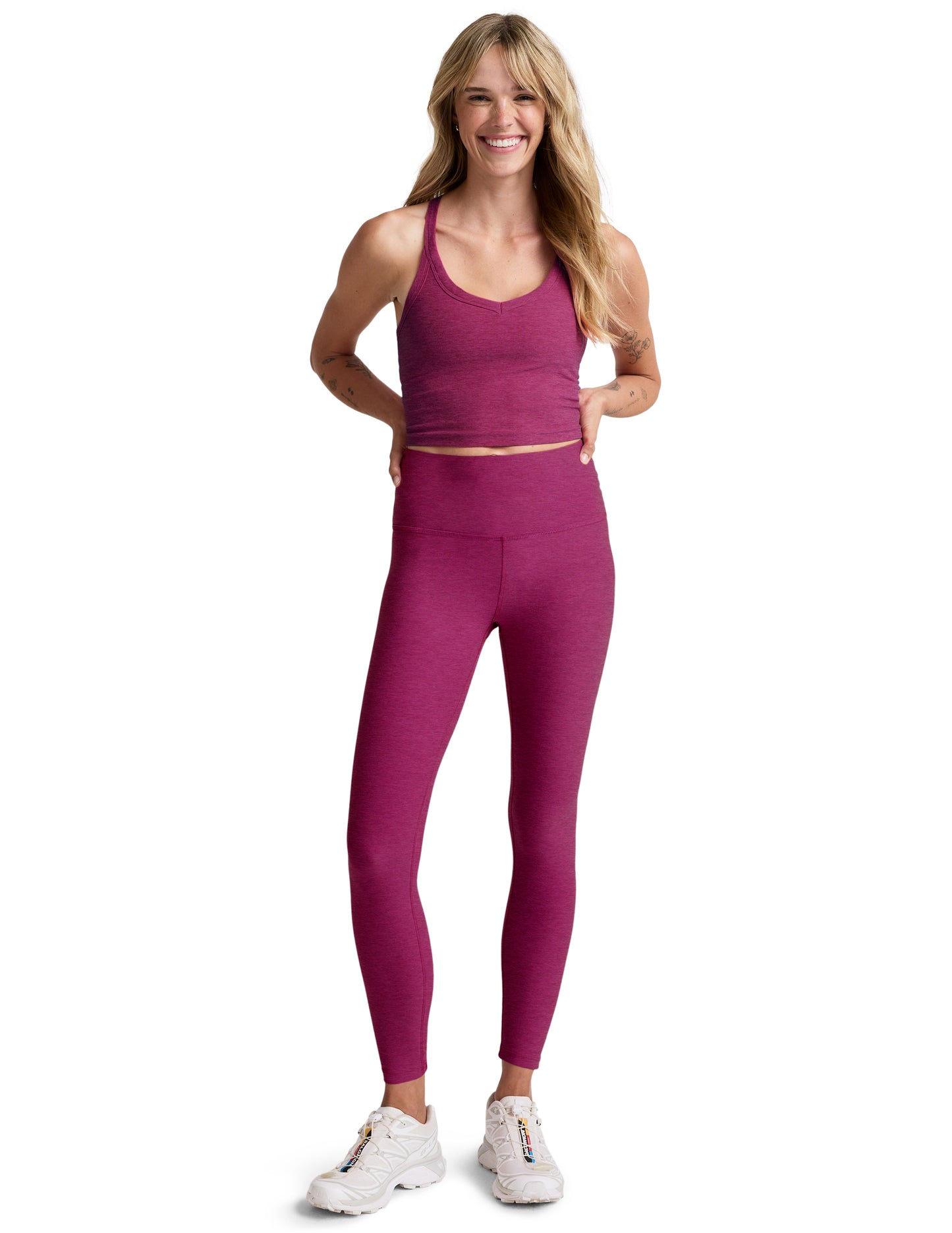 BEYOND YOGA ON THE UP CROPPED TANK MAGENTA HEATHER