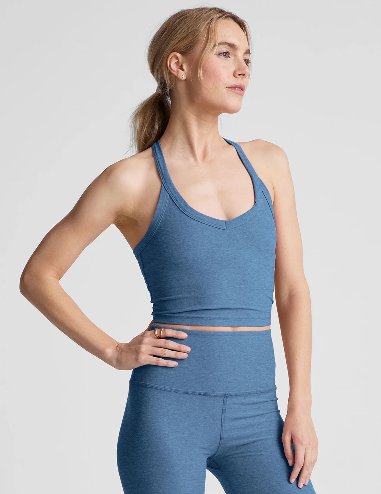 BEYOND YOGA ON THE UP CROPPED TANK WASHED DENIM