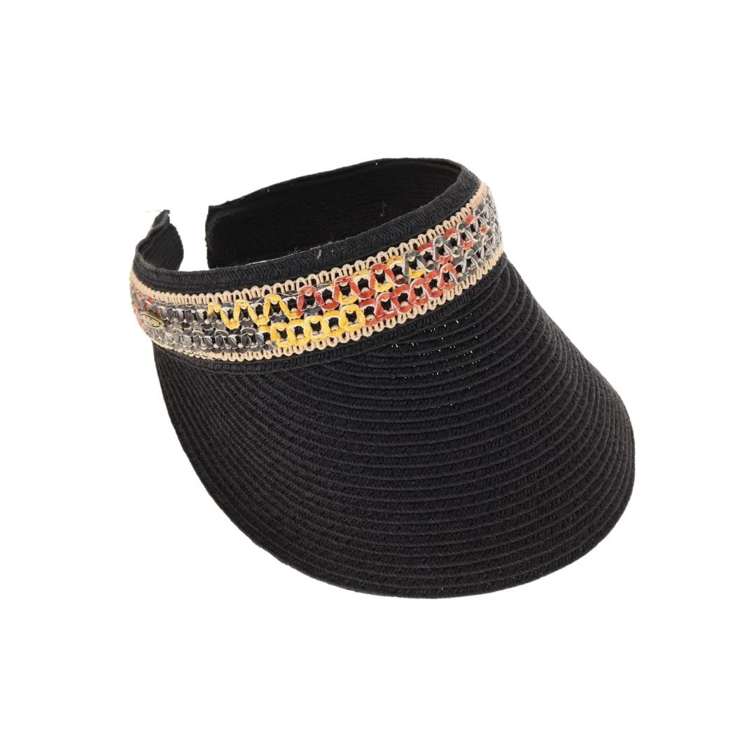 CC BEANIE Colorful Cutout Faux Leather Band C.C Straw Sun Visor Black