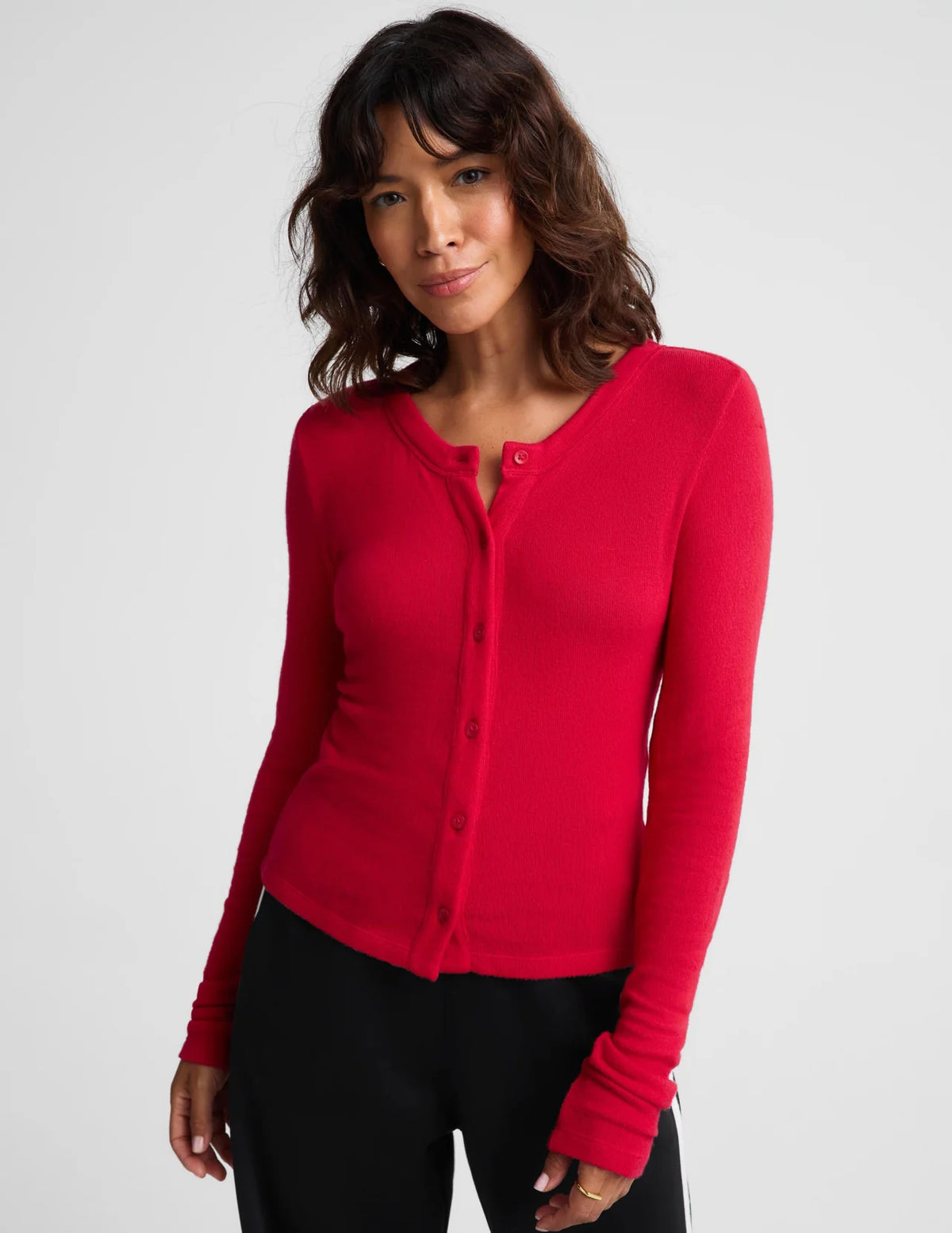 BEYOND YOGA LUXLAYER FITTED CARDIGAN OATMEAL SCARLET RED