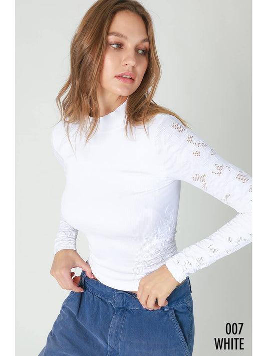 NIKIBIKI Mock Neck Pointelle Top White