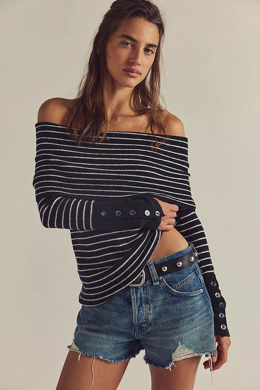 FREE PEOPLE EVERGREEN SWEATER BLACK WHITE COMBO