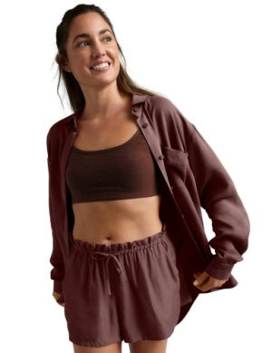 BEYOND YOGA SUNKISSED CUPRO BUTTON DOWN SHIRT ICED MOCHA
