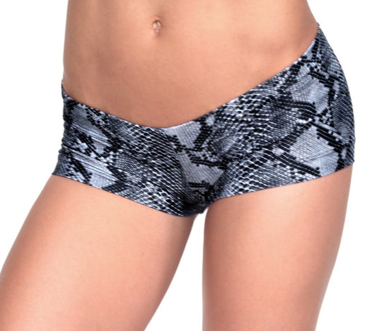 ELISABETTA ROGIANI SNAKE PRINT SILVER BUTI LOW RISE MINI SHORTS