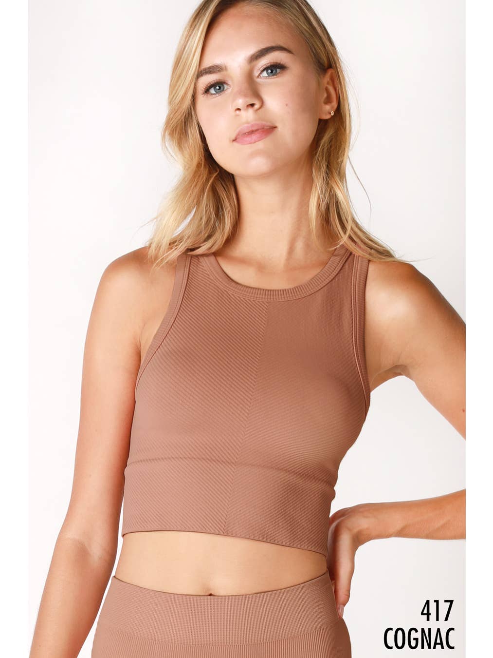 NIKIBIKI Chevron Ribbed High Neck Crop Top Cognac