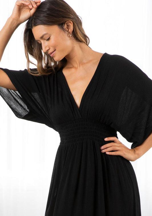 LOVESTITCH BOHEMIAN KIMONO SLEEVE MAXI DRESS BLACK