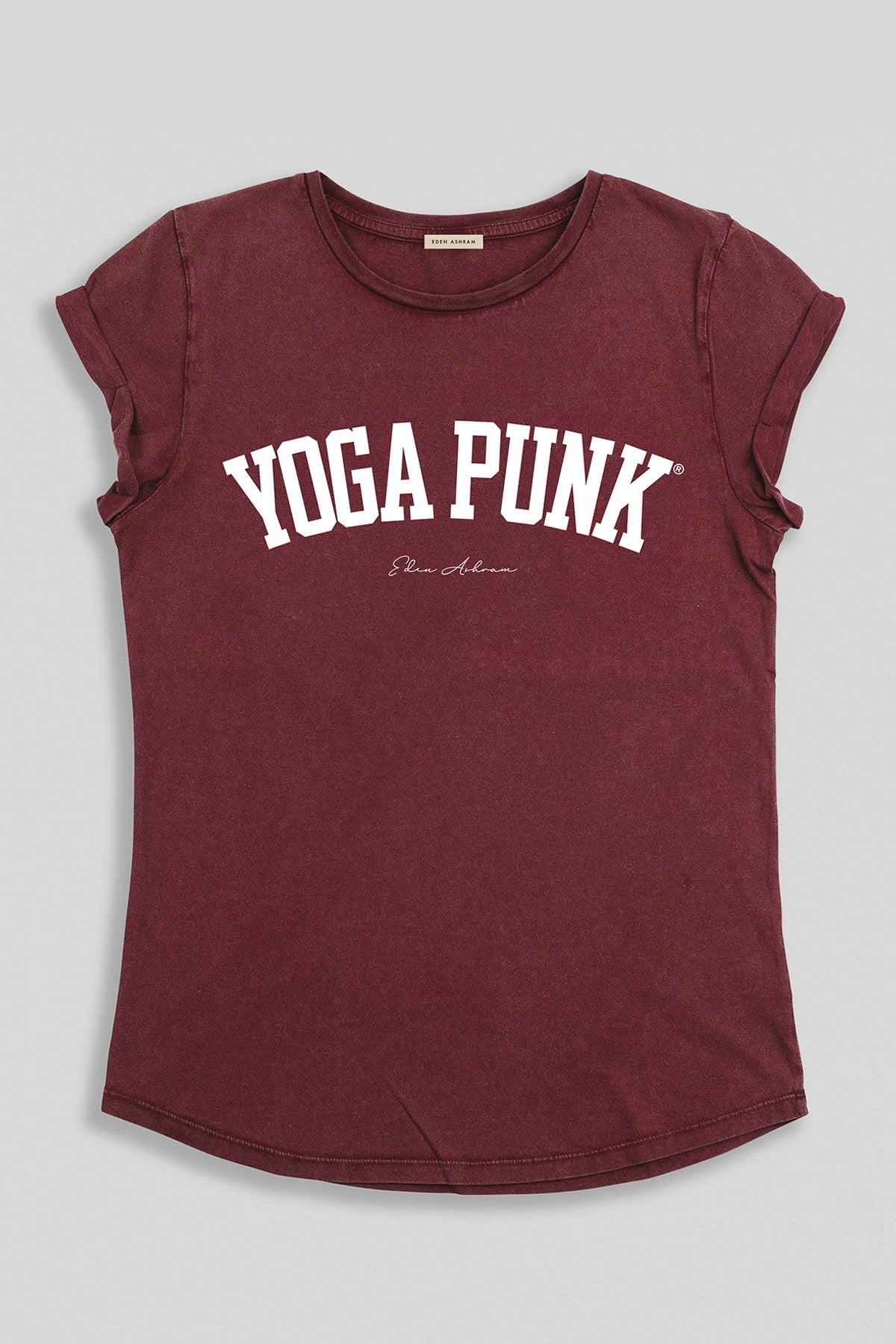 EDEN ASHRAM YOGA PUNK ROLLED SLEEVE TEE STONEWASH BURGUNDY
