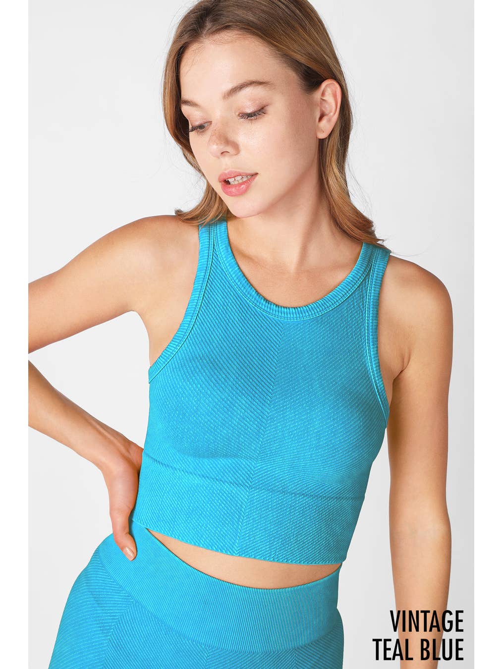 NIKIBIKI Vintage Chevron Ribbed High Neck Crop Top Vintage Teal Blue