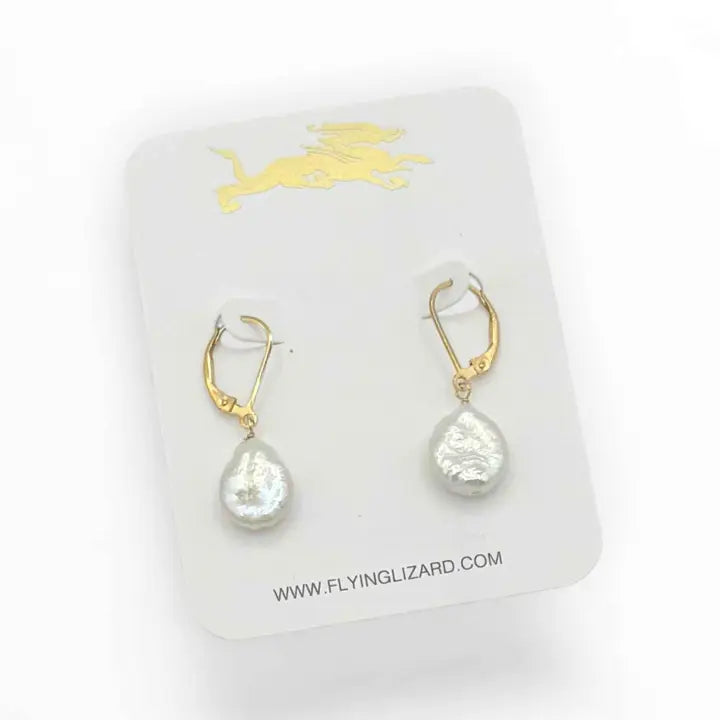 FLYING LIZARD DESIGN FRESHWATER PEARL NUGGET GOLD HOOPS