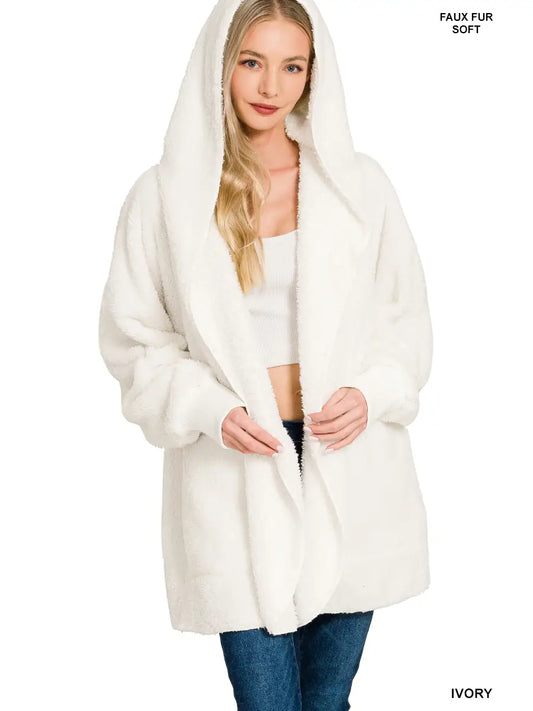 HEM & THREAD PLUSH FUZZY HOODED JACKET W/ POCKETS OFF WHITE