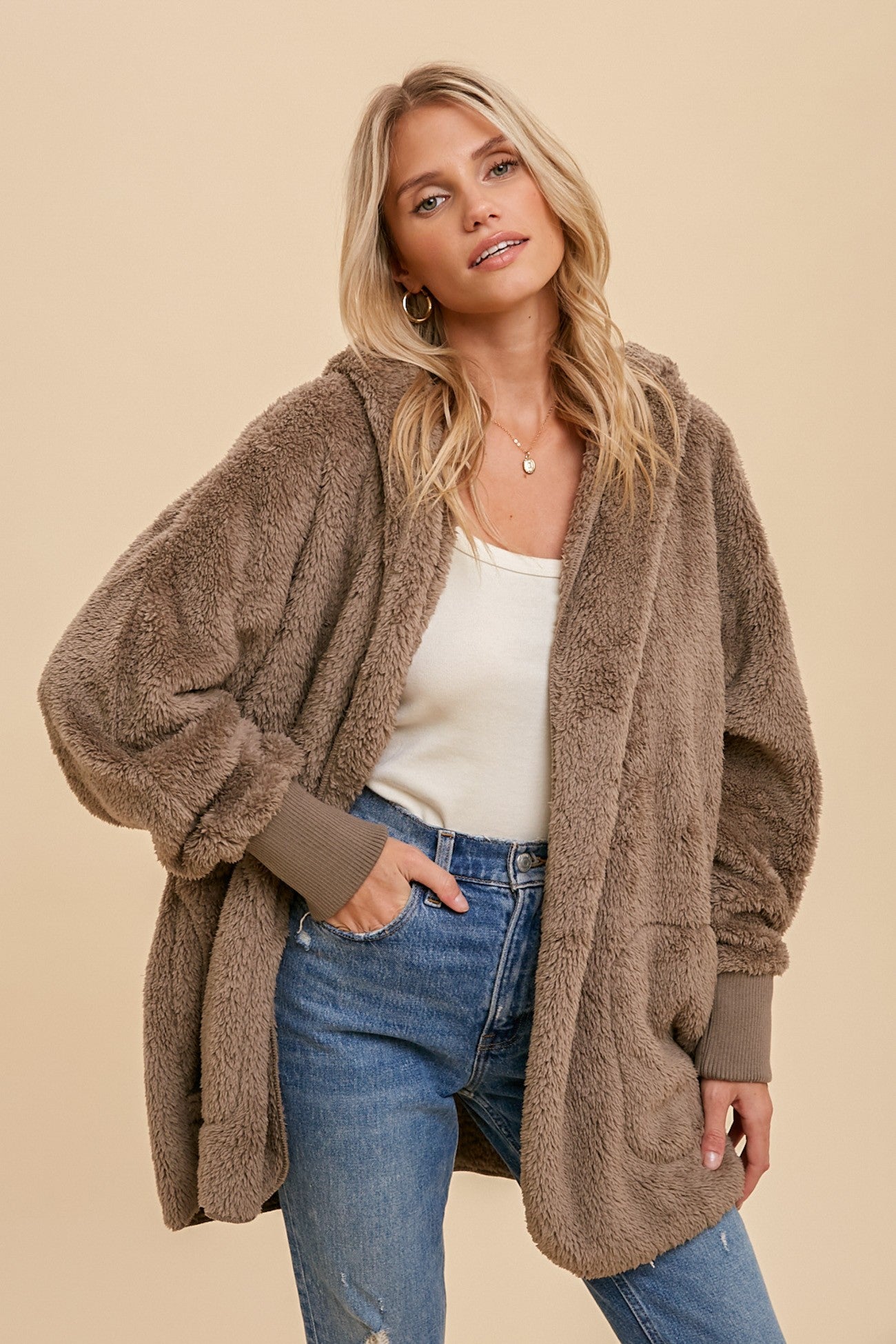 HEM & THREAD PLUSH FUZZY HOODED JACKET W/ POCKETS DUSTY ASH
