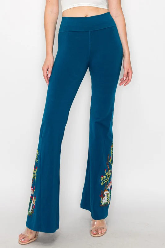 T PARTY MUSHROOM FANTASY EMBROIDERY FLARE PANTS TEAL