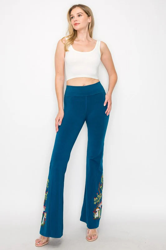 T PARTY MUSHROOM FANTASY EMBROIDERY FLARE PANTS TEAL