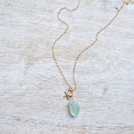SALTY BUT SWEET Tiny Frosted Pink Sea Glass and Starfish Necklace in Gold 16" or '18 inch
