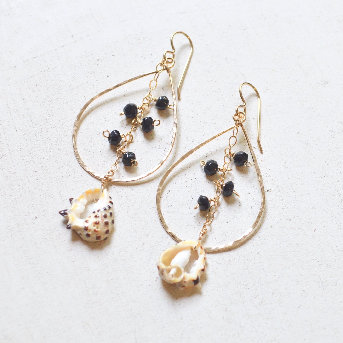 SALTY BUT SWEET Black Onyx &nbsp;Drupa Shell Teardrop Earrings in Gold