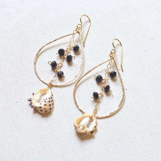 SALTY BUT SWEET Black Onyx &nbsp;Drupa Shell Teardrop Earrings in Gold