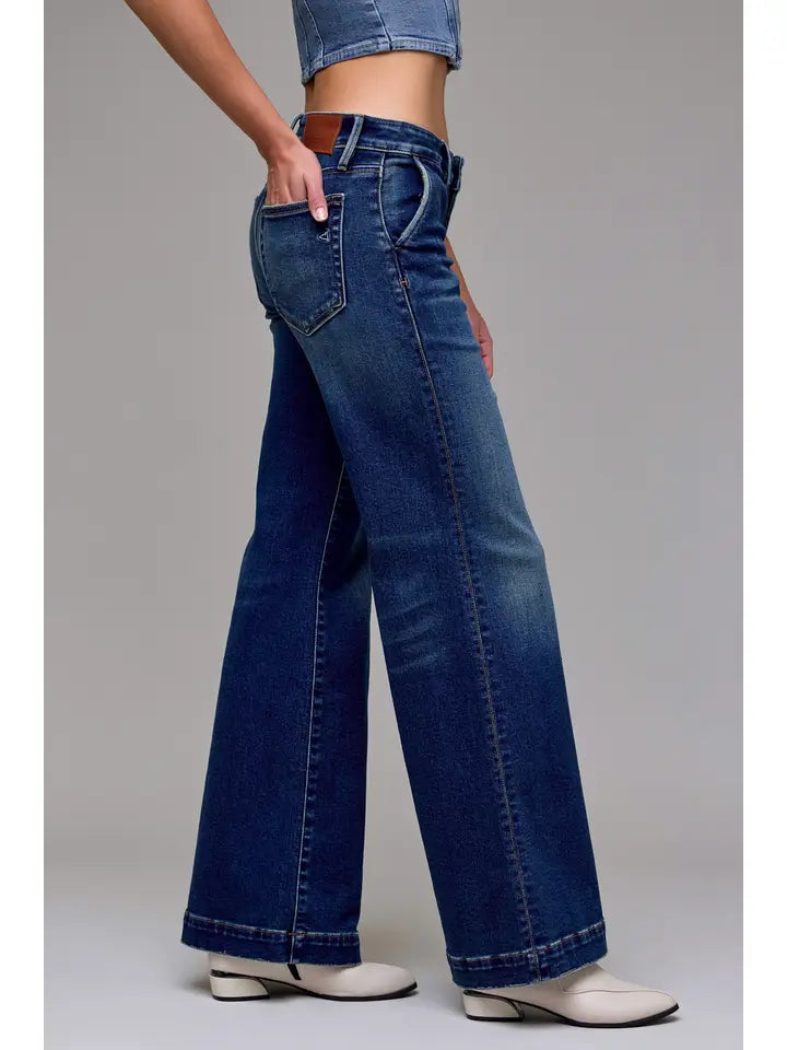 HIDDEN JEAN 33" INSEAM LOW RISE HAPPI COMFORT FLARE TROUSER DARK WASH