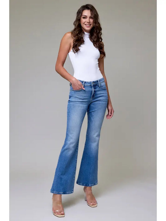 HIDDEN JEAN HAPPI MID RISE HAPPI FLARE 31" INSEAM MEDIUM WASH