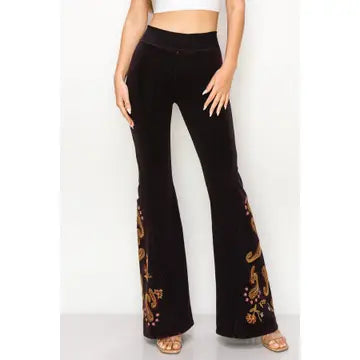 T PARTY PAISLEY EMBROIDERY FLARE FOLDOVER PANTS BLACK