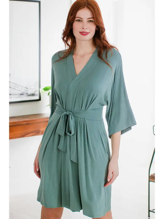 YALA Nina Elbow Sleeve Belted Organic Bamboo Robe Matcha Tea Green