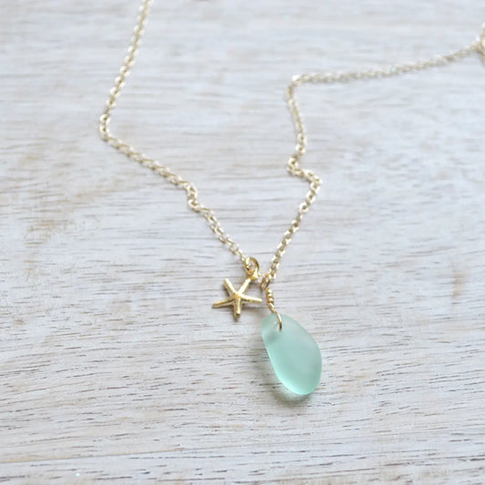 SALTY BUT SWEET Tiny Frosted Sea Foam Sea Glass and Starfish Necklace in Gold 16" or '18 inch
