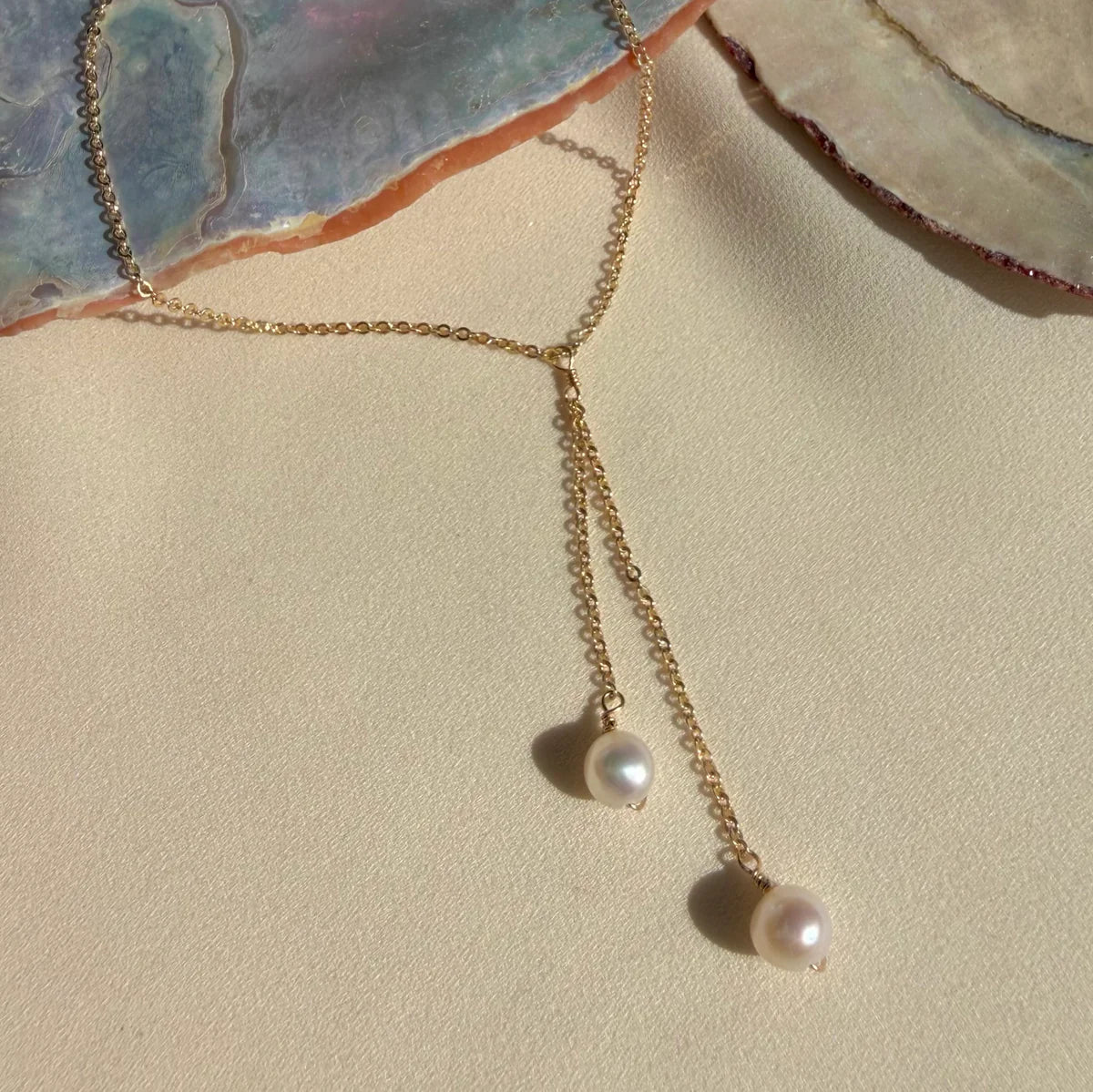 In Situ Cerise Pearl Lariat Necklace 14K gf