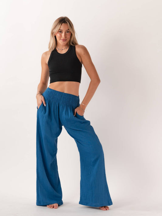 LOTUS AND LUNA WIDE LEG COTTON PANTS WITH POCKETS COBALT