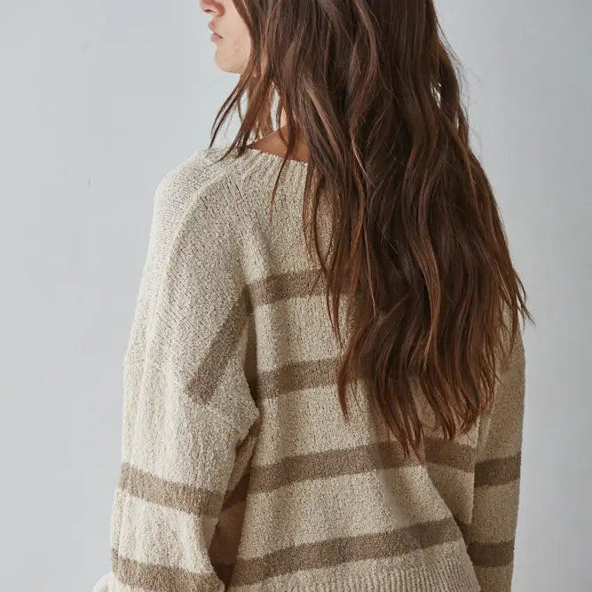 BY TOGETHER Knit Sweater Striped Crewneck Long Sleeve Top Natural / Mocha