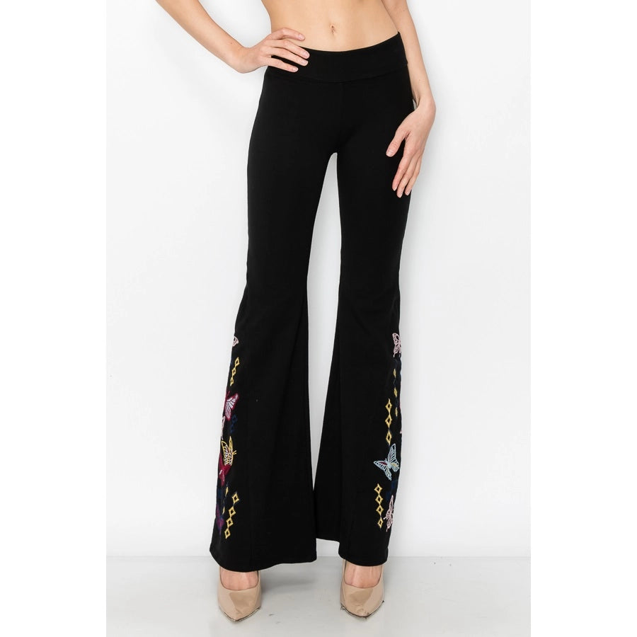 T PARTY BUTTERFLY DIAMOND EMBROIDERED WIDE FLARE LEG PANT BLACK