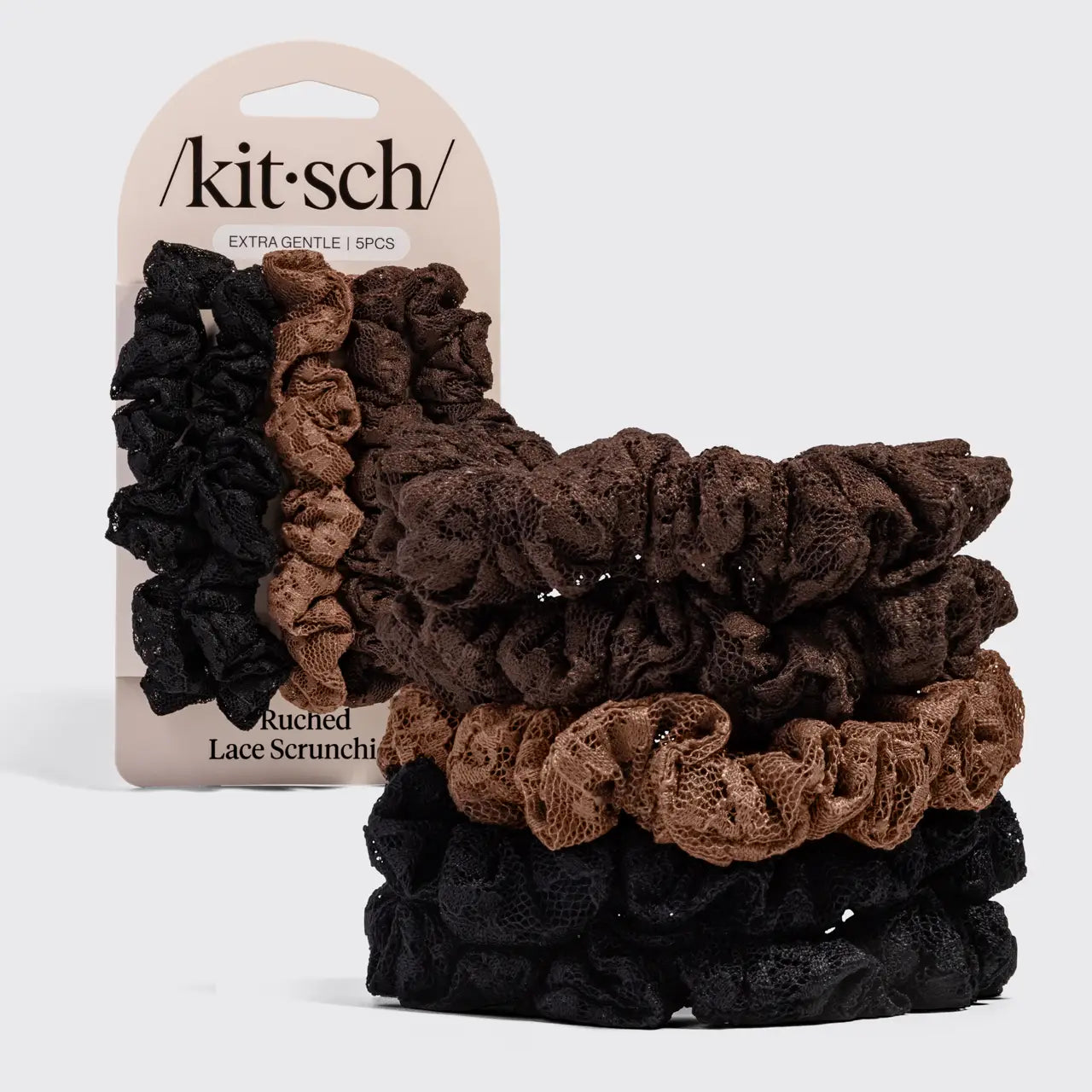 KITSCH Ruched Lace Scrunchies 5pc Set - Black, Chocolate & Mocha